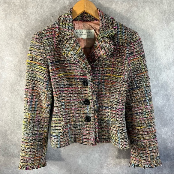 Trina Turk Blazer Womens 2 Wool Blend Multi Color Tweed Preppy Crop Split Sleeve - Picture 1 of 9